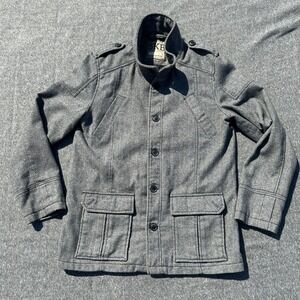 BKE Gray Herringbone Wool Blend Button Up Jacket Men's L Slim Fit Military Style